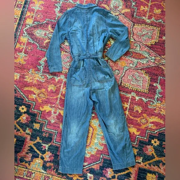 & Denim | Women's Medium Blue Lightweight Denim Jumpsuit tie waist hidden button - Picture 8 of 16